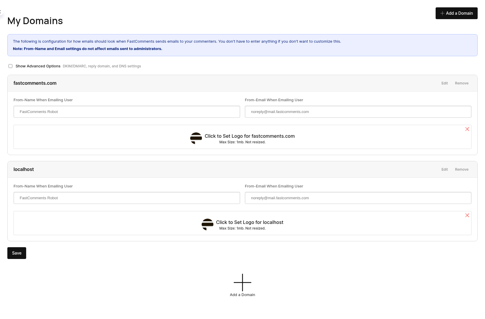 Страница My Domains која приказује домене на налогу, са дугметом Add a Domain на дну