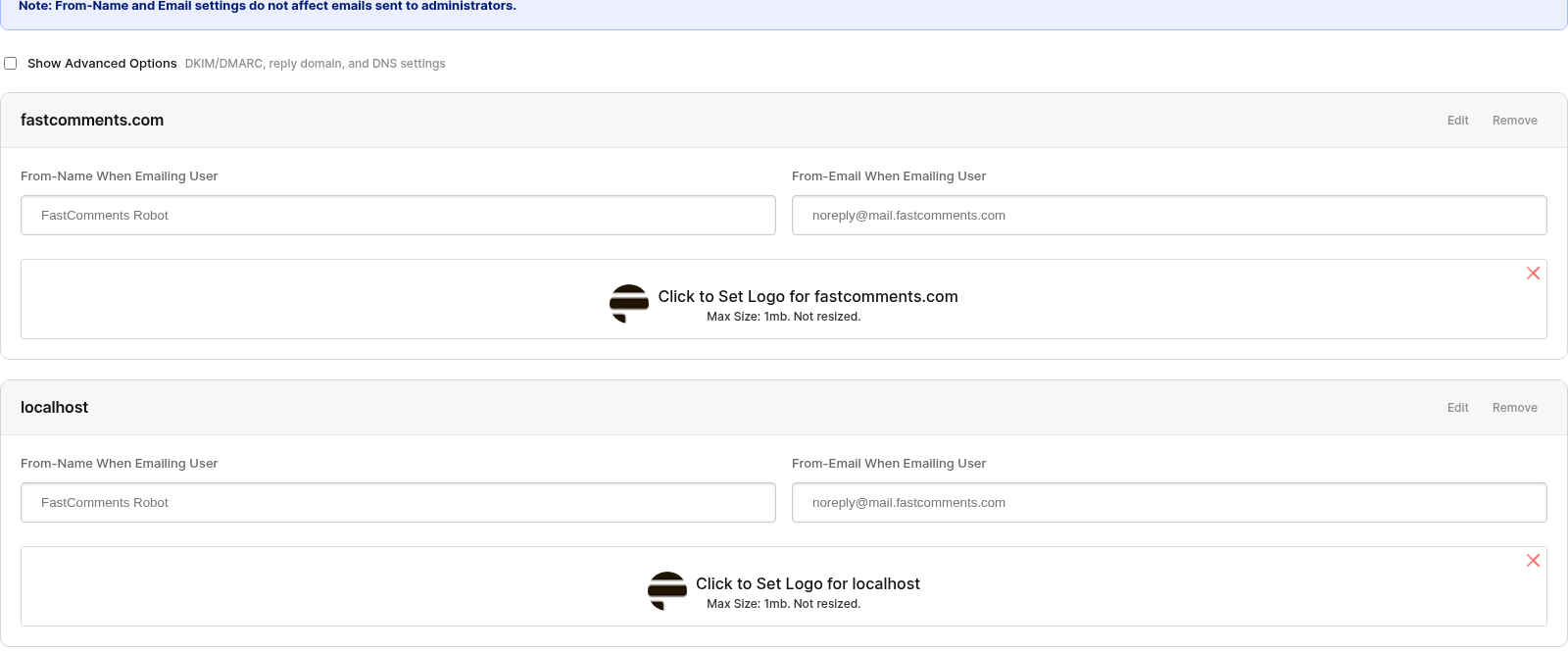 Formularz ustawień e‑maili per domena z polami Nazwa nadawcy, E‑mail nadawcy i przesyłania logo
