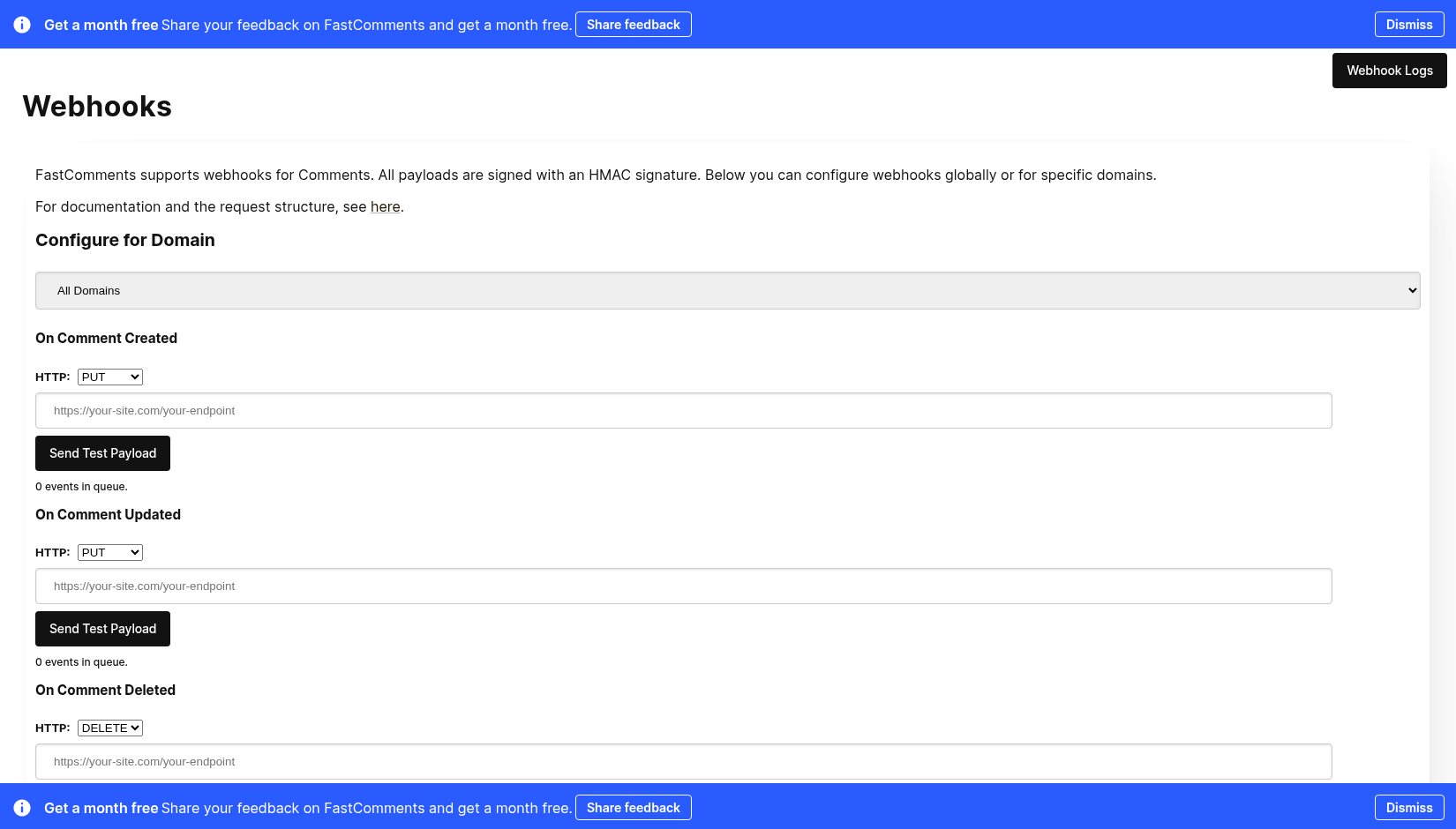Page d'administration des Webhooks avec un sélecteur de domaine et un champ d'URL de point de terminaison par événement de commentaire, plus Envoyer le payload de test