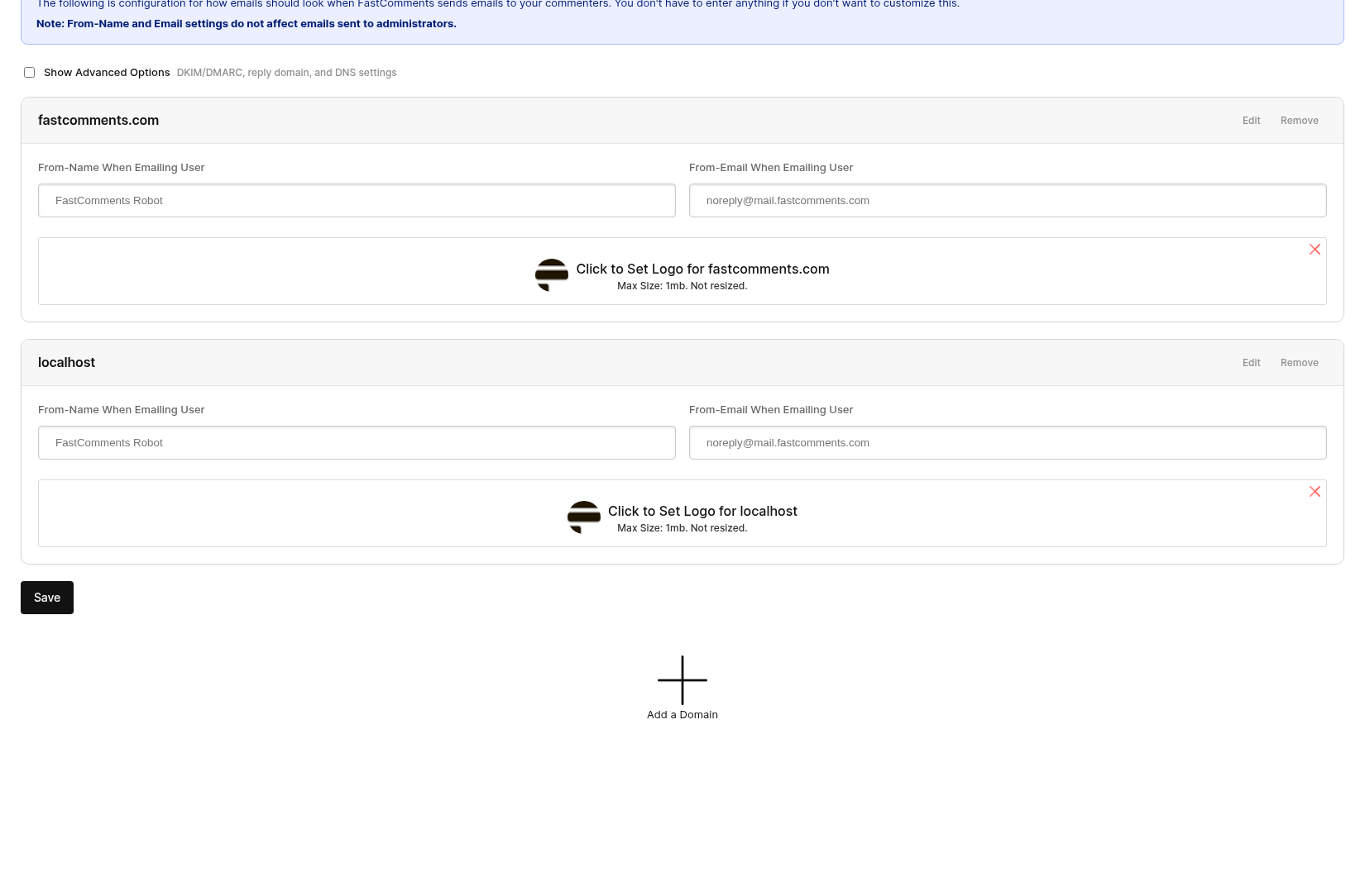 Stranica My Domains prikazuje domene na nalogu, sa dugmetom Dodaj domen na dnu