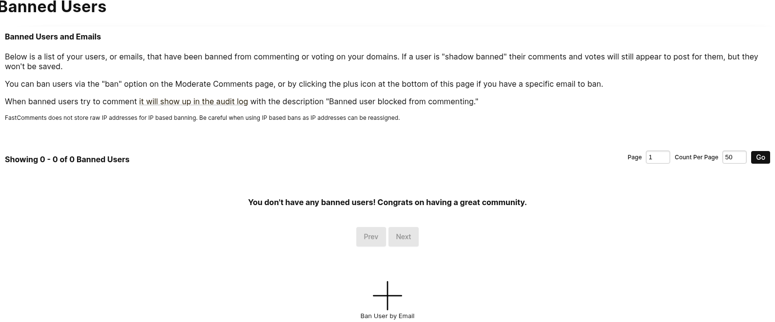 Elenco degli utenti bannati sotto Moderazione Commenti, con gli indirizzi email bannati e un pulsante per aggiungere un nuovo ban