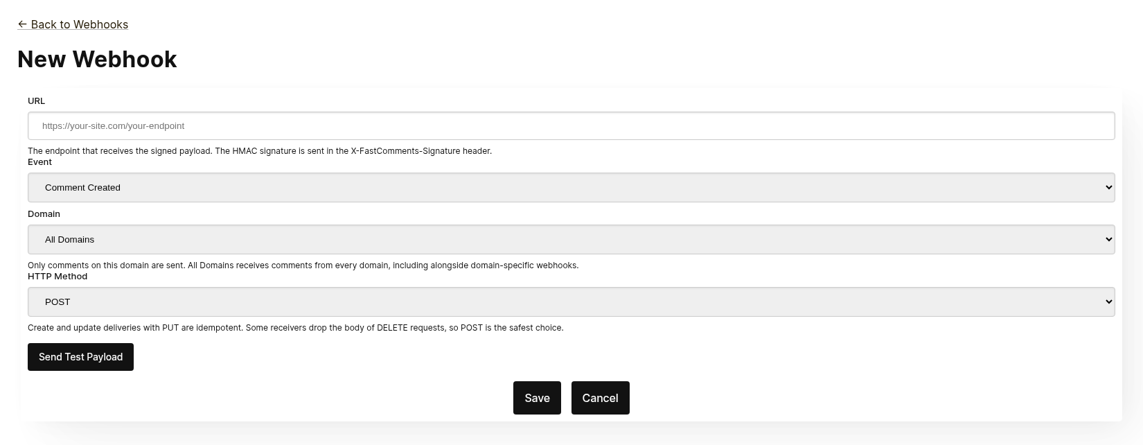 Modulo per nuovo webhook con campi URL, evento, dominio e metodo HTTP più Invia Payload di Test