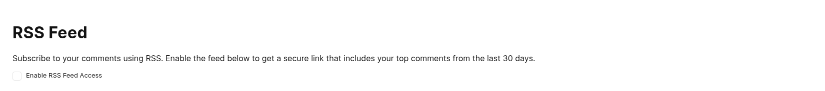Страница на акаунта за RSS хранилка с отметка „Enable RSS Feed Access“, URL на хранилката и бутони „Copy“ и „View Feed“