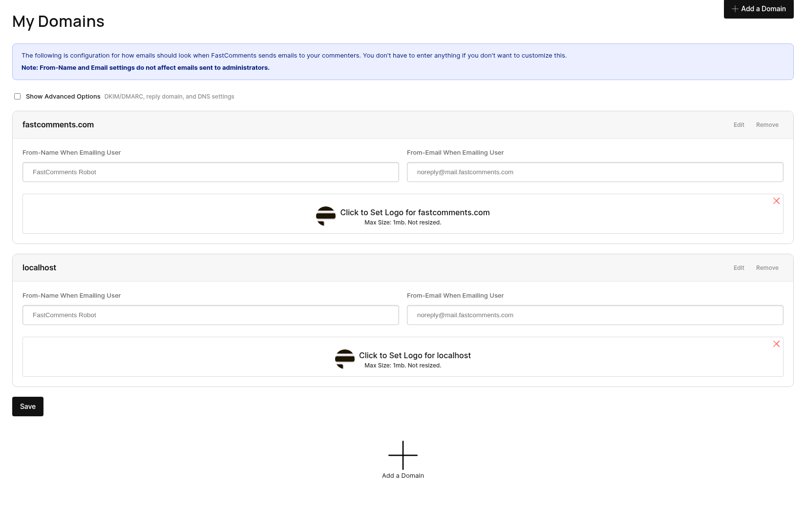 アカウント上のドメインを一覧表示し、下部に「Add a Domain」ボタンがある My Domains ページ