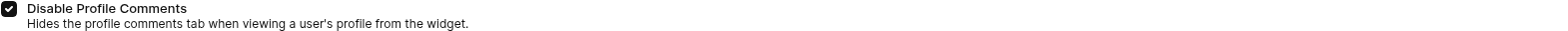 Widget-Anpassungsseite mit dem aktivierten Kontrollkästchen „Profilkommentare deaktivieren“, um den Tab für Profilkommentare auszublenden