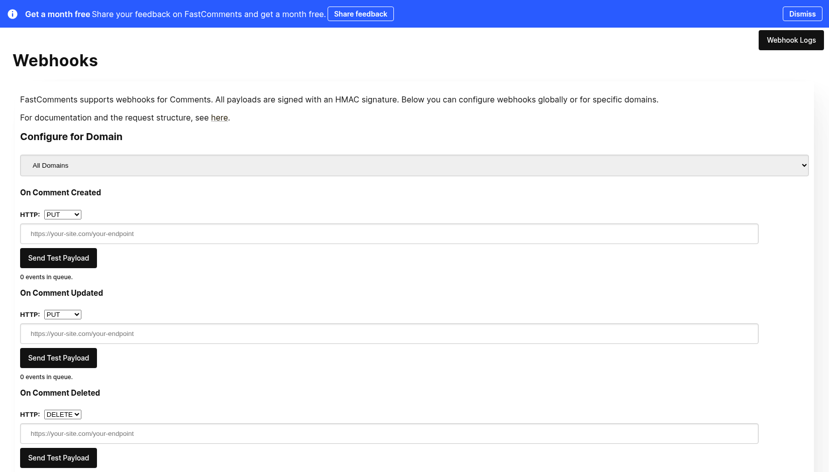 Página de administração de Webhooks com um seletor de domínio e um campo de URL de endpoint por evento de comentário, além de Enviar Payload de Teste