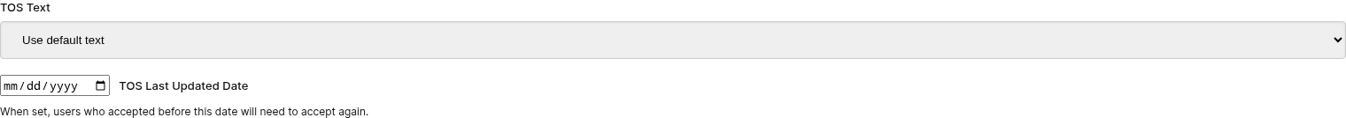 Panel de Términos de Servicio que muestra el selector de modo de texto del TOS y el campo de fecha de última actualización