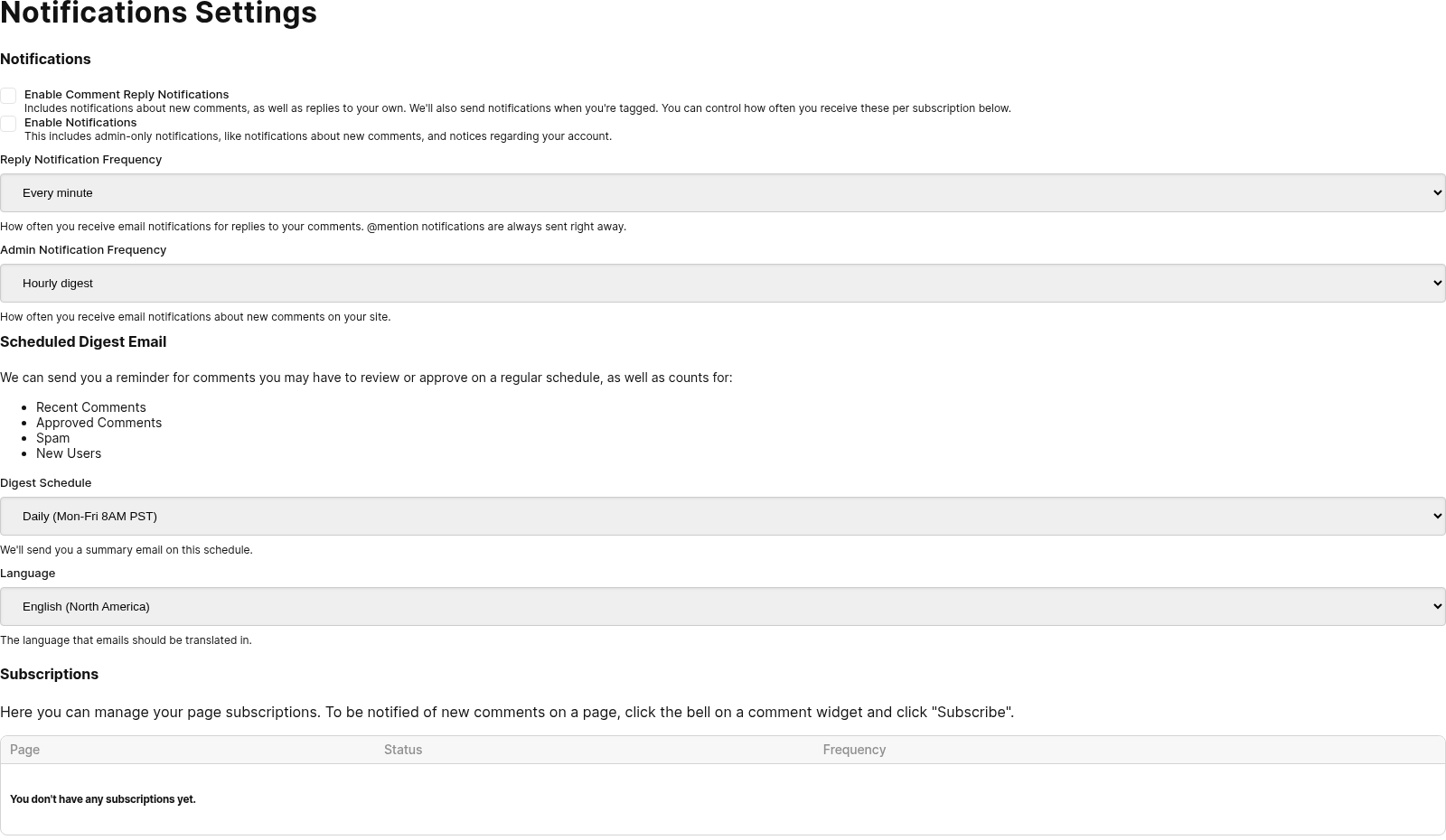 Formulaire d'édition des notifications où le résumé est configuré pour arriver quotidiennement, hebdomadairement ou mensuellement