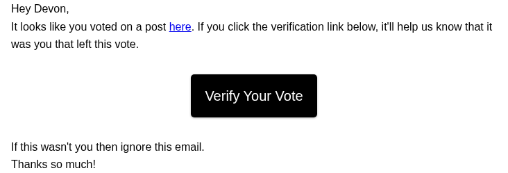 Standaard e‑mail die Devon vraagt een stem te bevestigen, met de reactie waarop gestemd is en een bevestigingsknop