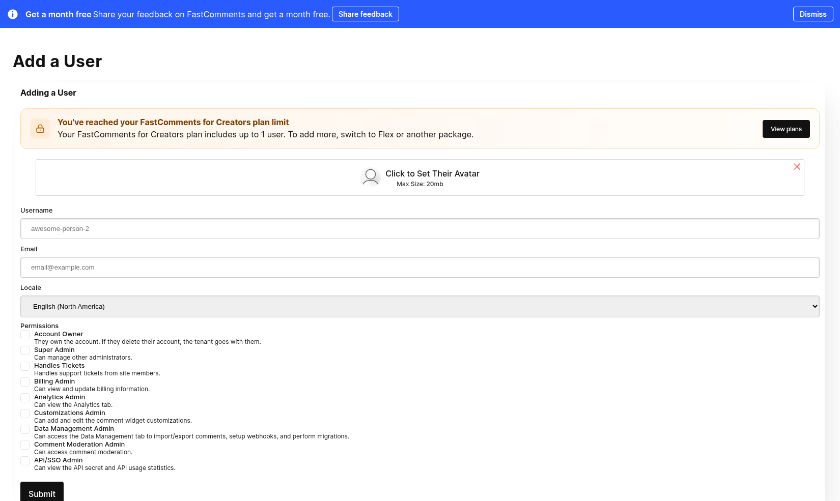 Formulaire de modification d'utilisateur avec les champs avatar, nom d'utilisateur, e‑mail, langue et permissions remplis