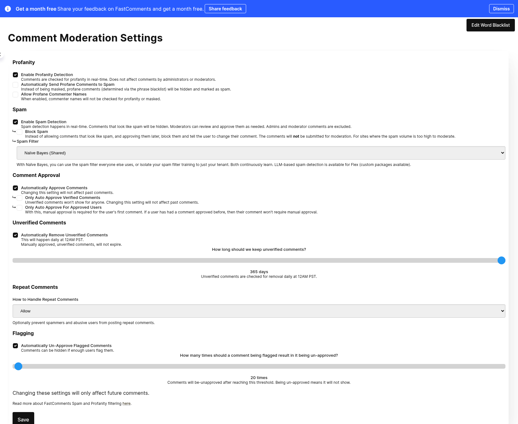 Impostazioni di moderazione con opzioni per la rilevazione di volgarità e spam, approvazione automatica e scadenza dei commenti non verificati