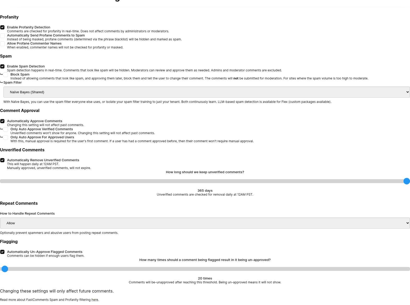 未確認コメントが削除される前に保持される日数を設定するモデレーション設定フォーム