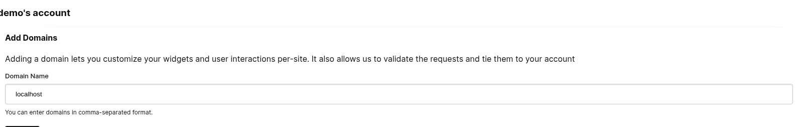O formulário de adição de domínio nas configurações da conta com localhost inserido no campo de nomes de domínio