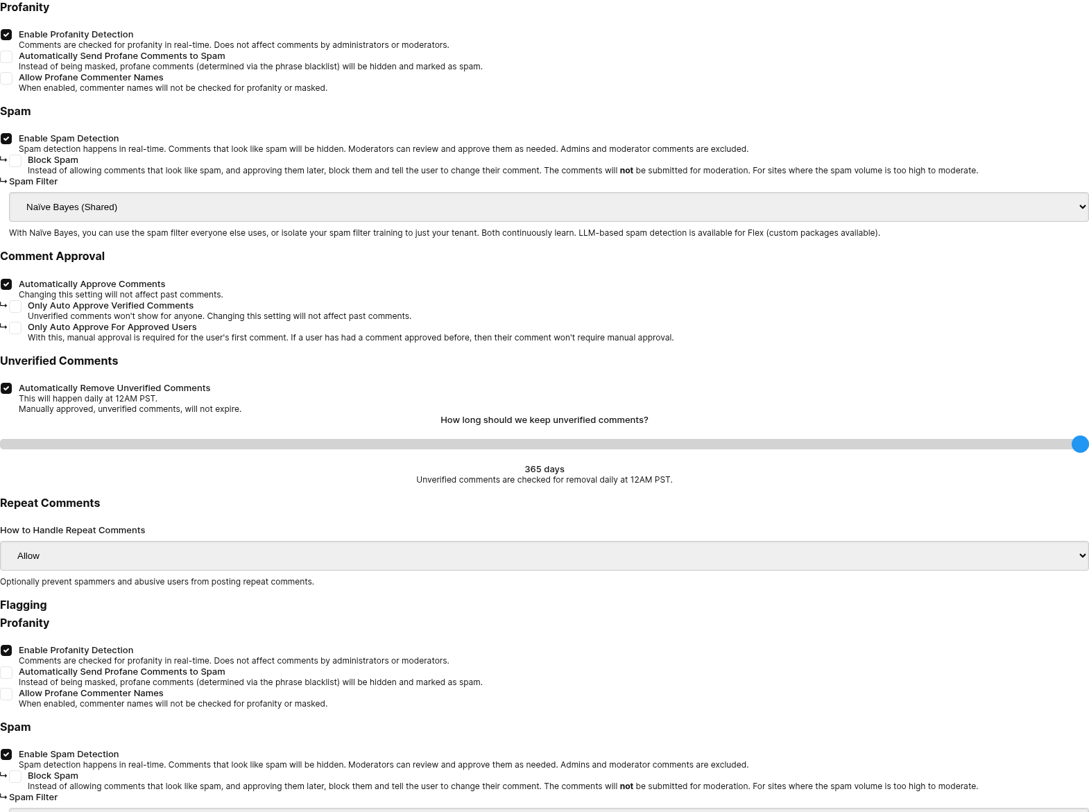 Forma za podešavanje moderacije gde postavljate koliko dana se neprovereni komentari čuvaju pre uklanjanja