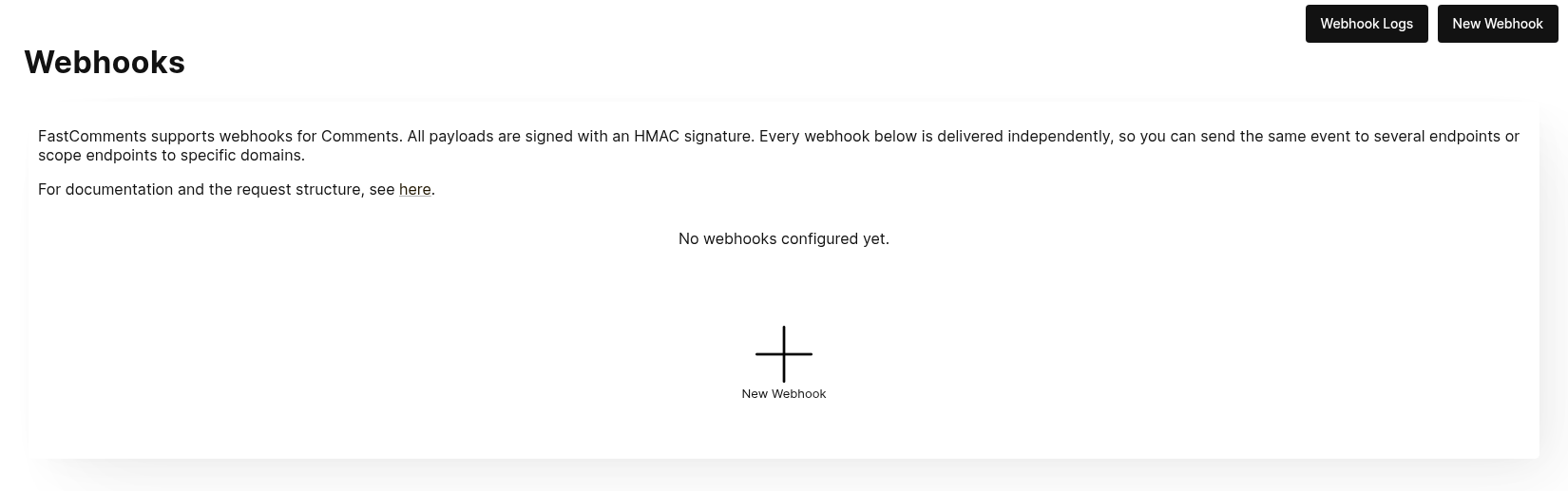 Webhooks 管理頁面列出每個 webhook 及其 URL、事件、域名、方法、狀態與排隊事件數量