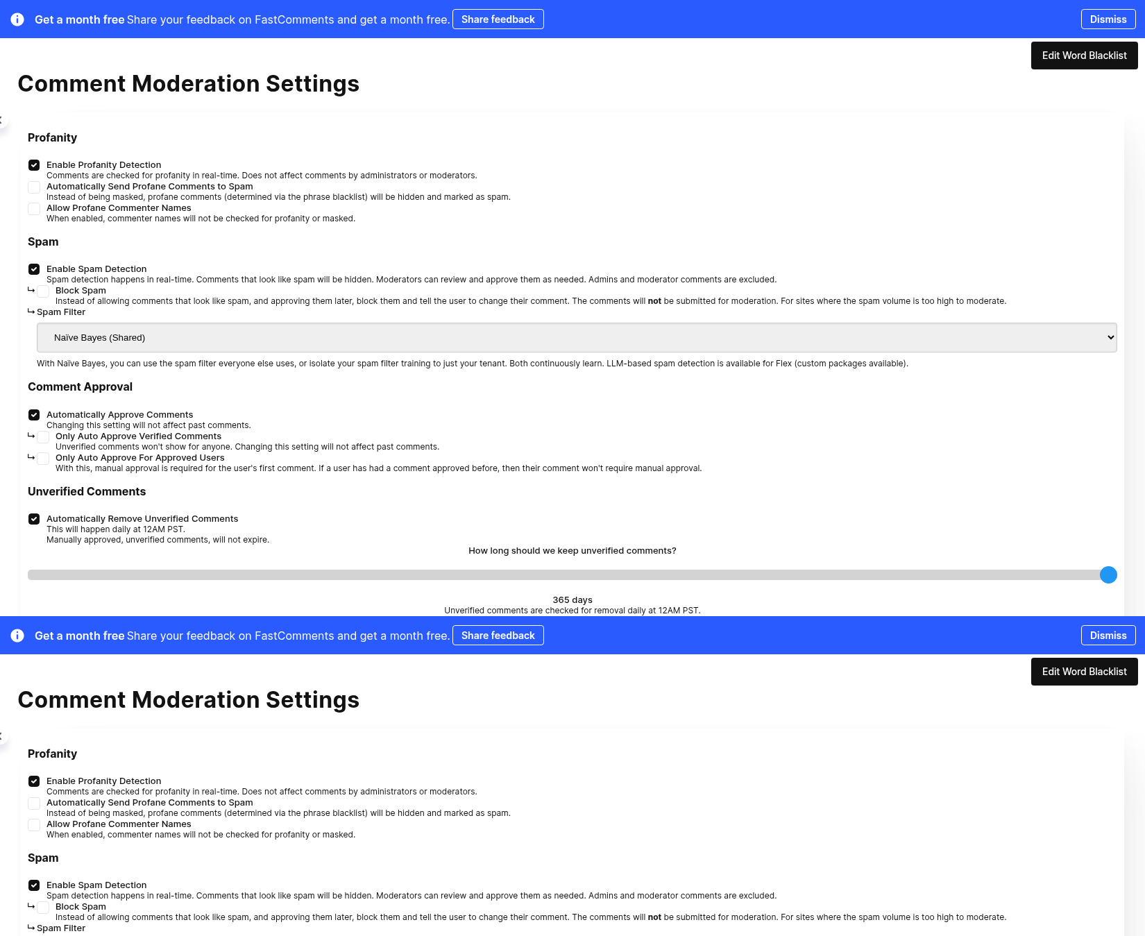 Paramètres de modération avec des options pour la profanity et la détection de spam, l'approbation automatique et l'expiration des commentaires non vérifiés