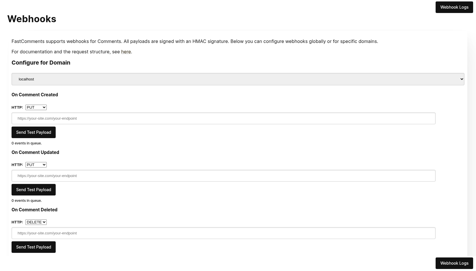 Webhook‑admin med localhost‑domænet valgt og en ngrok‑URL indtastet i endpointet for oprettet kommentar