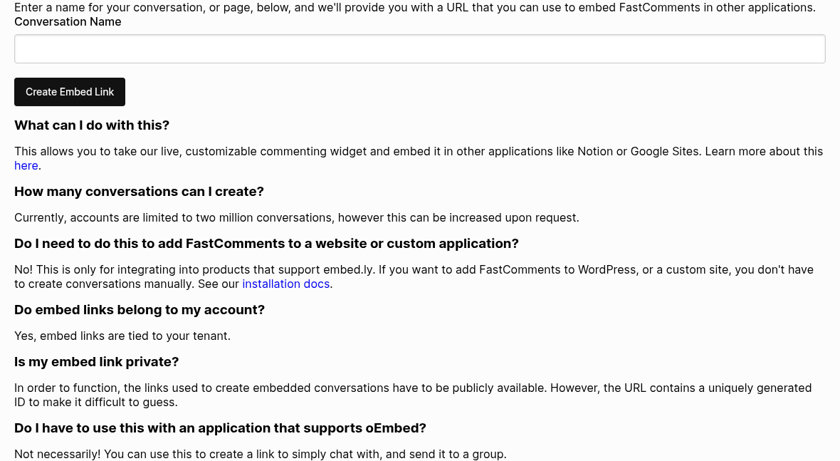 Stran fastcomments.com/create s poljem za ime pogovora in gumbom, ki ustvari varen povezavo
