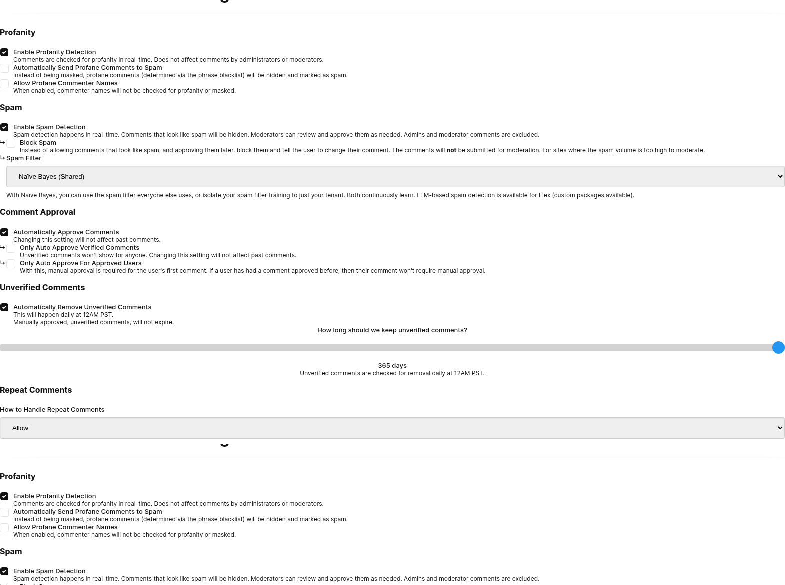 Moderations‑Einstellungsformular, in dem Sie festlegen, wie viele Tage nicht verifizierte Kommentare vor der Entfernung aufbewahrt werden