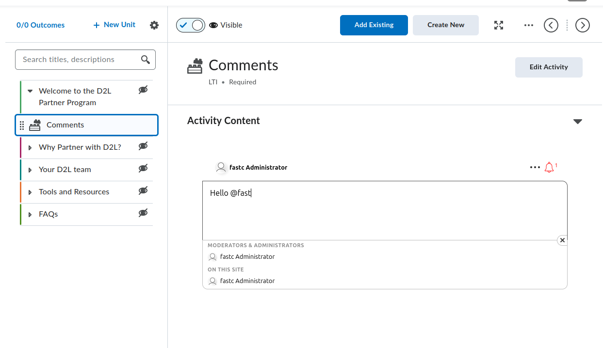 FastComments running inside a Brightspace unit, showing threaded comments and an @-mention picker