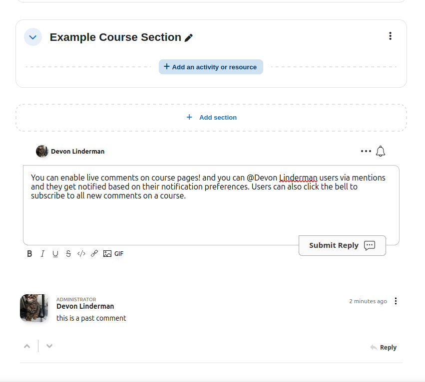 FastComments su una pagina del corso Moodle